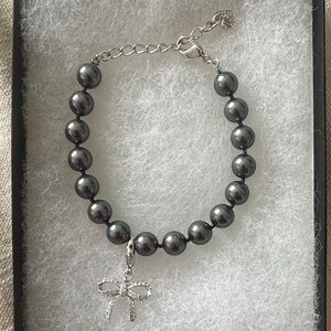 Swarovski Hematite Pearl Bracelet with Crystal Bow Charm
